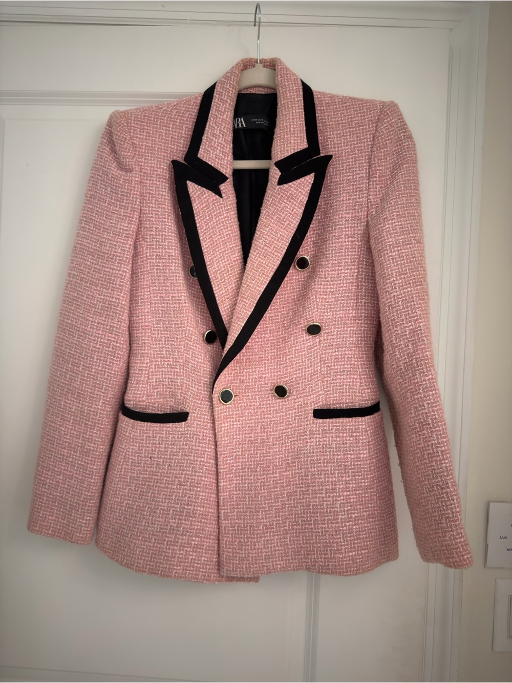 Zara Pink Tweed Double-Breasted Blazer with Black Trim XS